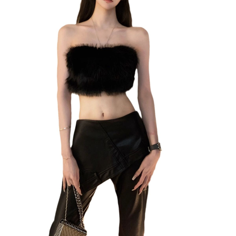 Kórejský štýl bez ramienok, krátky plyšový top, štíhly strih, jeseň 2024