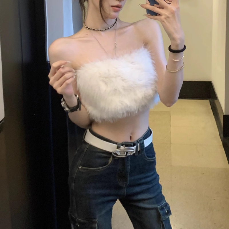 Kórejský štýl bez ramienok, krátky plyšový top, štíhly strih, jeseň 2024