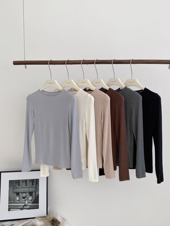 Ženski osnovni top od modalnih vlakana i kašmira, okrugli izrez, dugi rukavi, uski kroj pletenine