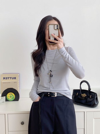 Ženski osnovni top od modalnih vlakana i kašmira, okrugli izrez, dugi rukavi, uski kroj pletenine