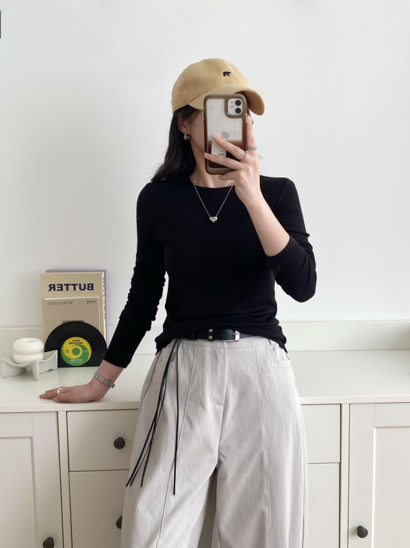 Ženski osnovni top od modalnih vlakana i kašmira, okrugli izrez, dugi rukavi, uski kroj pletenine