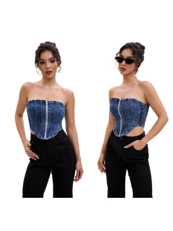 HENG JI KAI denímový tube top bez ramienok, štíhly strih, krátka dĺžka 40–50 cm, bavlna 50–70% + spandex 30–50%