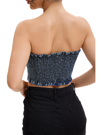 HENG JI KAI denímový tube top bez ramienok, štíhly strih, krátka dĺžka 40–50 cm, bavlna 50–70% + spandex 30–50%