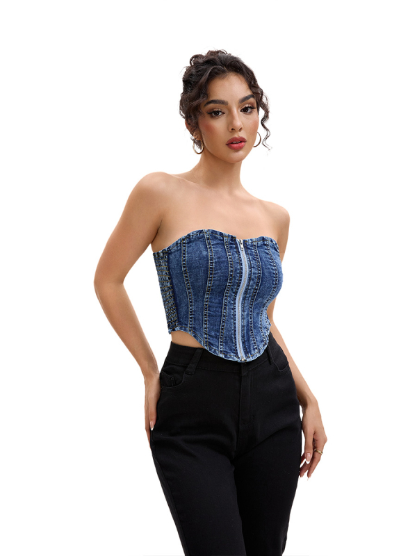 HENG JI KAI denímový tube top bez ramienok, štíhly strih, krátka dĺžka 40–50 cm, bavlna 50–70% + spandex 30–50%
