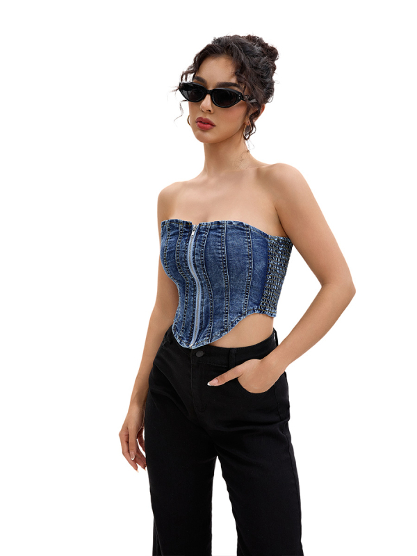 HENG JI KAI denímový tube top bez ramienok, štíhly strih, krátka dĺžka 40–50 cm, bavlna 50–70% + spandex 30–50%