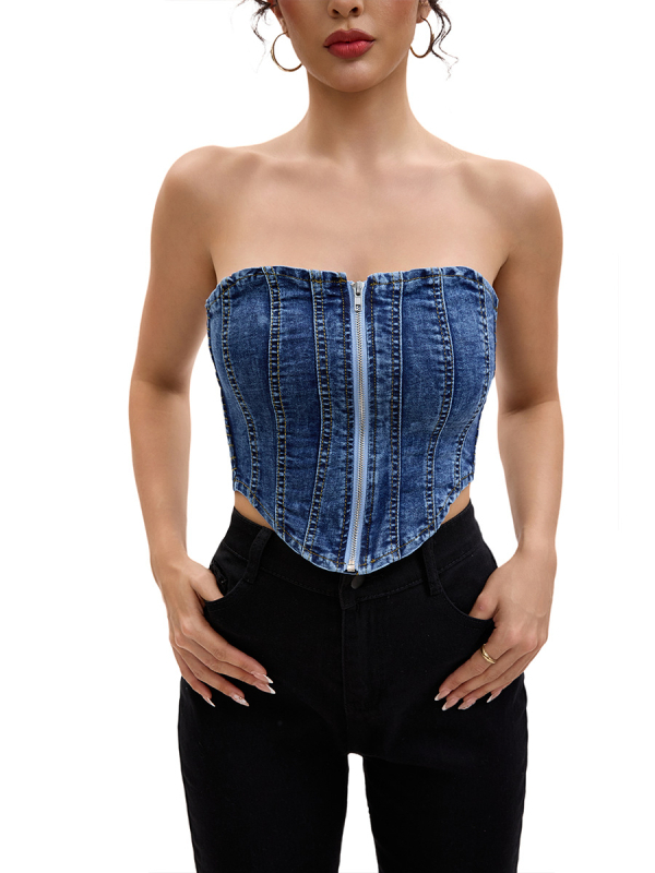 HENG JI KAI denímový tube top bez ramienok, štíhly strih, krátka dĺžka 40–50 cm, bavlna 50–70% + spandex 30–50%