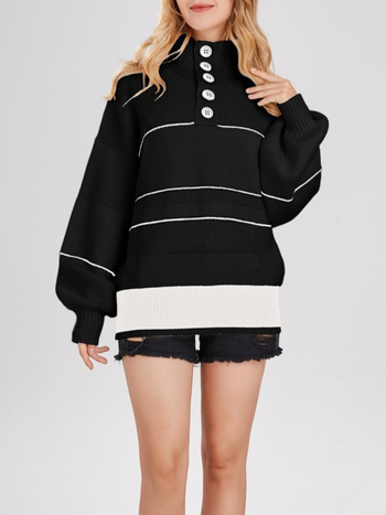 Pletený sveter z imitovanej ovčej vlny s polo golierom, dlhé rukávy, voľný strih, jednofarebný, jeseň 2025