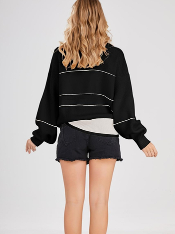 Pletený sveter z imitovanej ovčej vlny s polo golierom, dlhé rukávy, voľný strih, jednofarebný, jeseň 2025