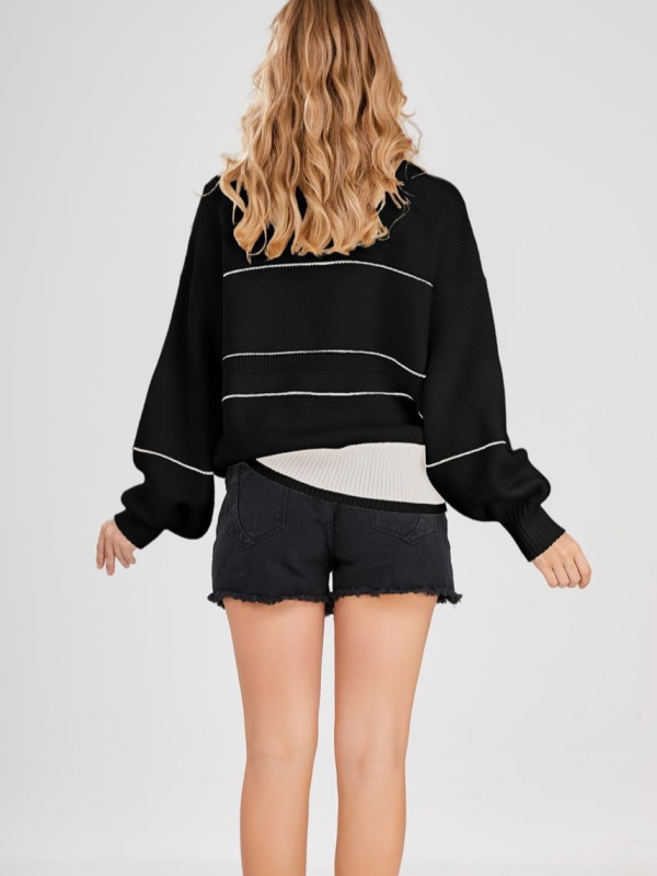 Pletený sveter z imitovanej ovčej vlny s polo golierom, dlhé rukávy, voľný strih, jednofarebný, jeseň 2025