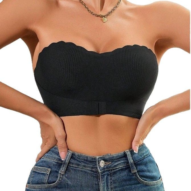 Nylonový športový tube top bez ramienok, bez švov, s vlneným okrajom, predné zapínanie, push-up, 3/4 košík, ultra tenké tvarované košíky