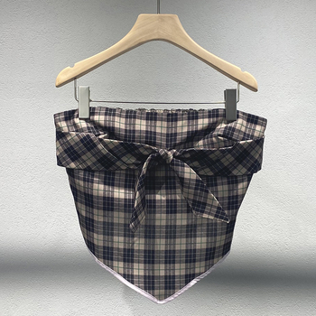 Dámsky bezramienkový crop top s károvaným vzorom, úzky strih, krátka dĺžka, polyester 95%+, jar 2025