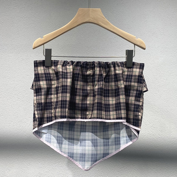 Dámsky bezramienkový crop top s károvaným vzorom, úzky strih, krátka dĺžka, polyester 95%+, jar 2025