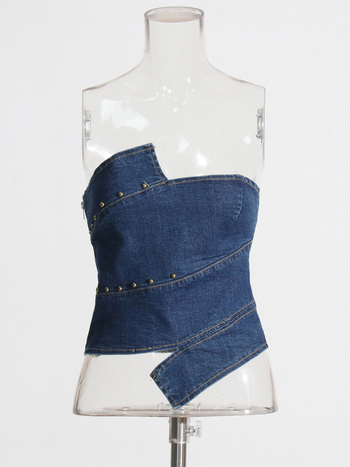 Ženský bezramienkový džínový top, úzky strih, krátka dĺžka, jednofarebný, leto 2025, tkanina bavlna 70–80% a polyester <30% zmiešaná