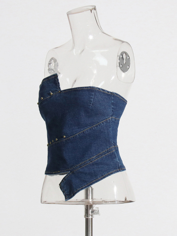 Ženský bezramienkový džínový top, úzky strih, krátka dĺžka, jednofarebný, leto 2025, tkanina bavlna 70–80% a polyester <30% zmiešaná