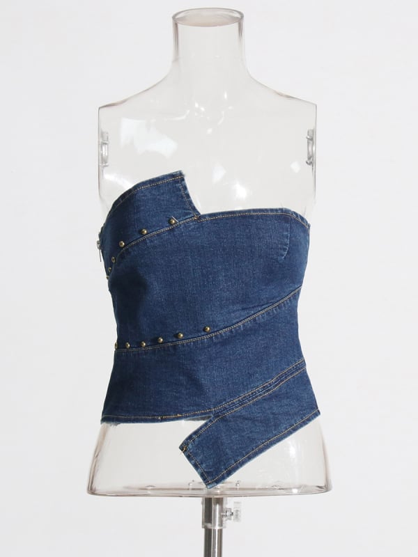 Ženský bezramienkový džínový top, úzky strih, krátka dĺžka, jednofarebný, leto 2025, tkanina bavlna 70–80% a polyester <30% zmiešaná