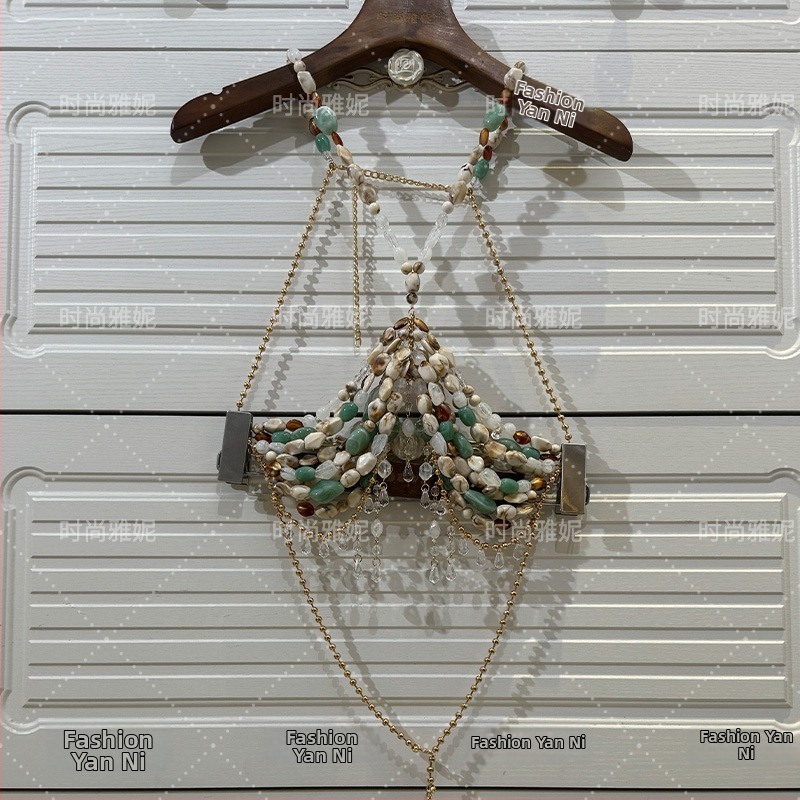 Halter camisole top s perlovým telovým reťazom – pre ženy, roztomilý, svieži a sladký štýl; hlavné zloženie látky 50–70%, Názov látky: Iné