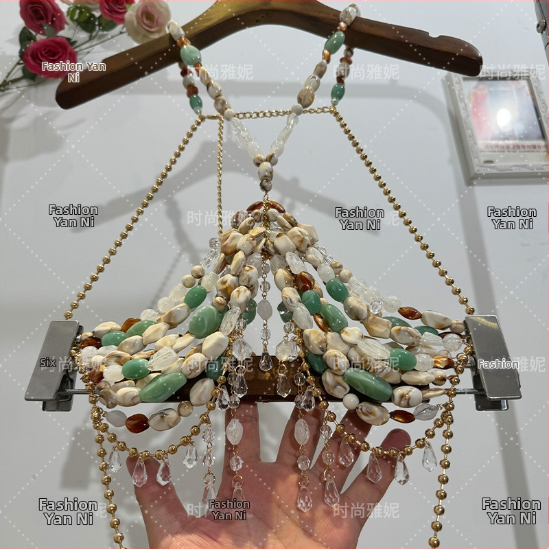 Halter camisole top s perlovým telovým reťazom – pre ženy, roztomilý, svieži a sladký štýl; hlavné zloženie látky 50–70%, Názov látky: Iné