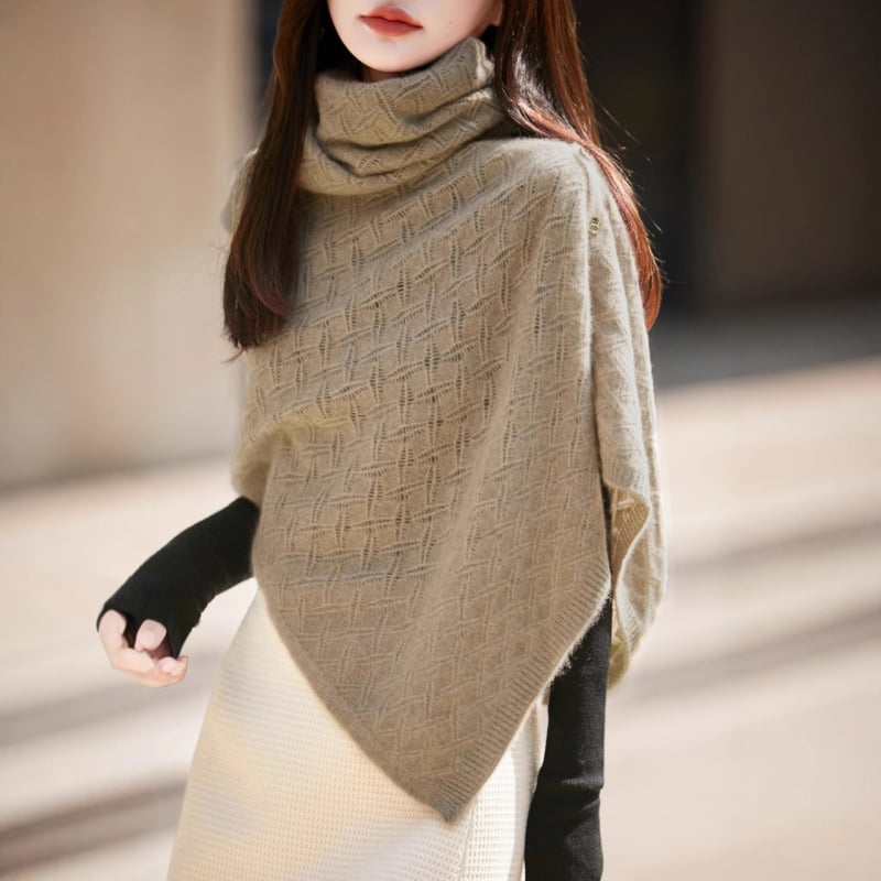 Cardigan din lână cu șal tricotat, croială liberă, tricot deschis, mâneci 3/4, guler semi înalt