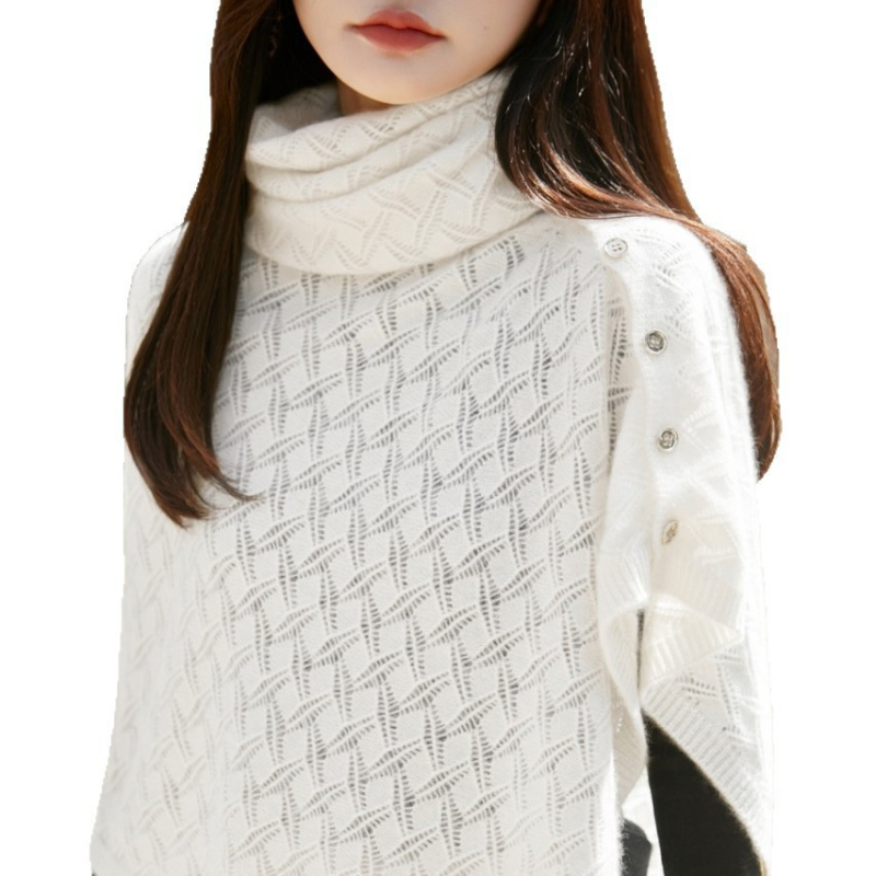 Cardigan din lână cu șal tricotat, croială liberă, tricot deschis, mâneci 3/4, guler semi înalt