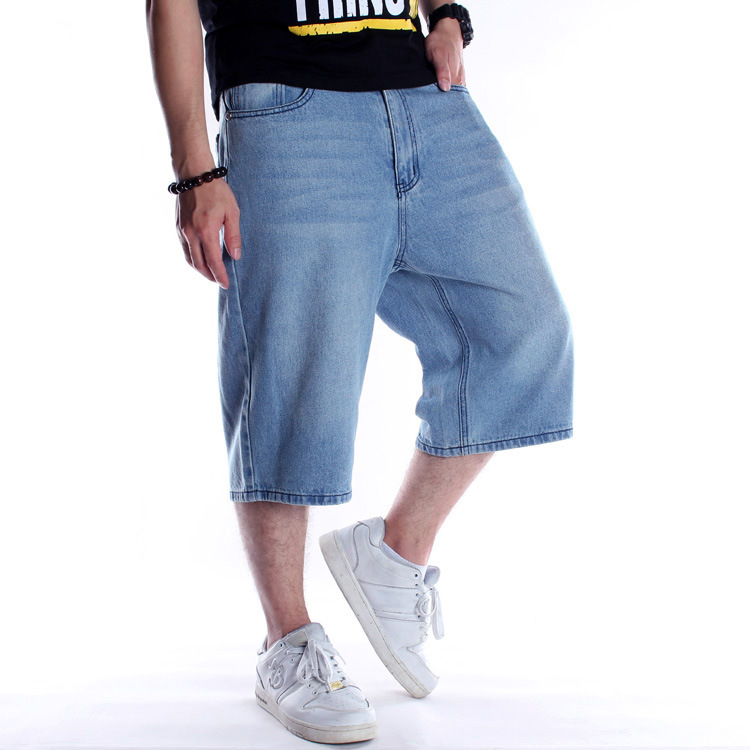 Pánske denim hip-hop džínsy, voľný cropped strih, stredný pás, 100% bavlna, umytý vzhľad