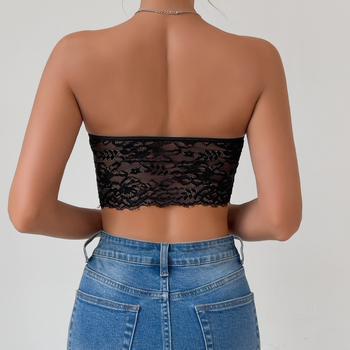 Top bez naramenica s čipkom – uski kroj, kratka dužina, poliester