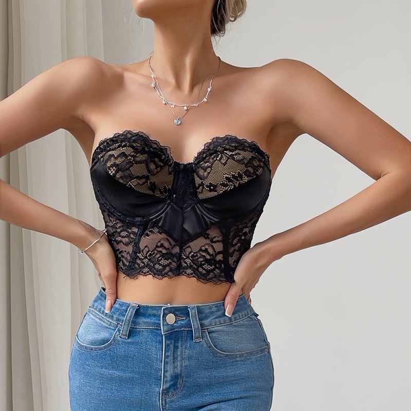 Top bez naramenica s čipkom – uski kroj, kratka dužina, poliester