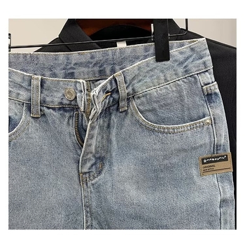 Șort denim unisex, croi larg, peste genunchi, bumbac 60%, vară, stil coreean