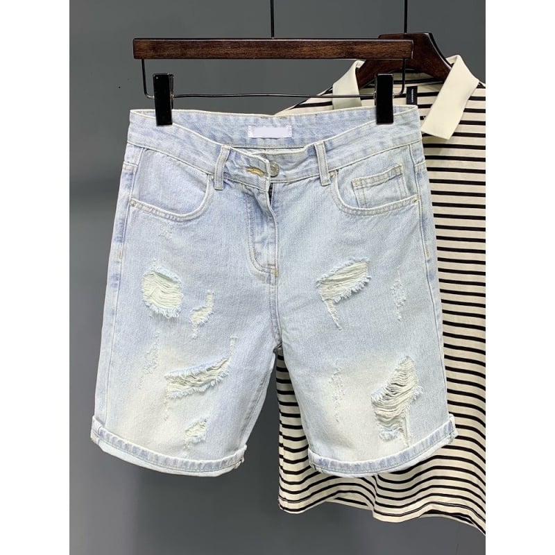 Șorturi denim bărbați retro, rupte, croială lejeră, 50% bumbac, vară