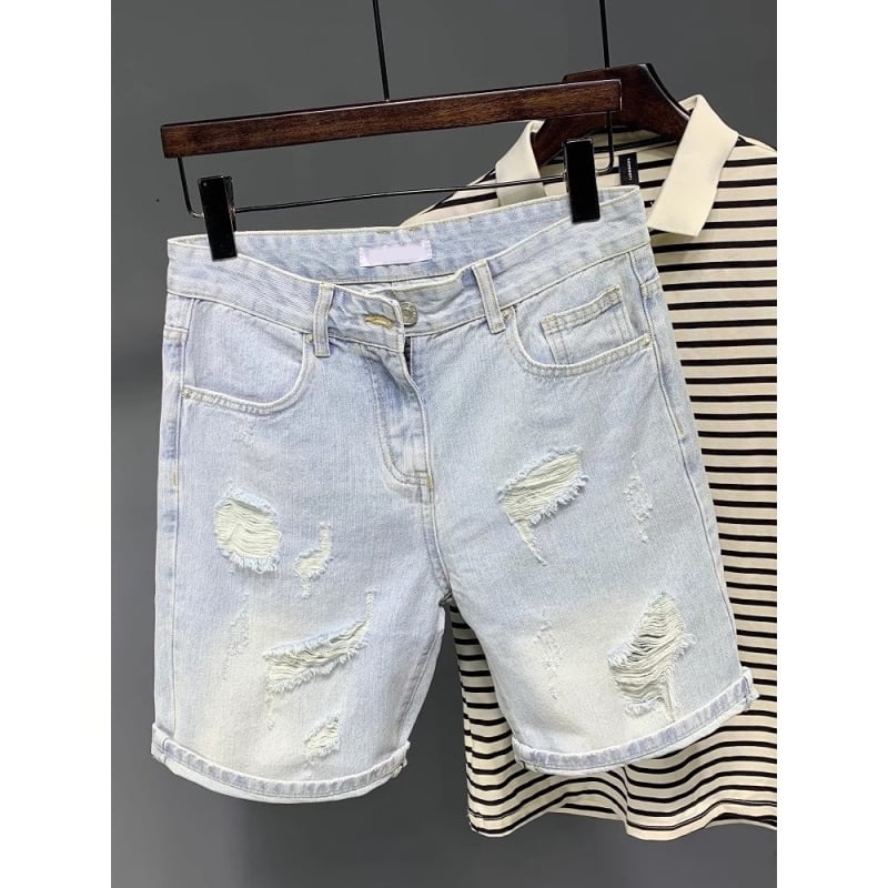 Șorturi denim bărbați retro, rupte, croială lejeră, 50% bumbac, vară