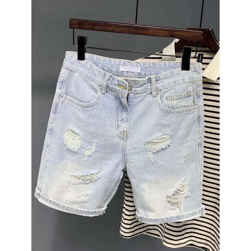 Șorturi denim bărbați retro, rupte, croială lejeră, 50% bumbac, vară