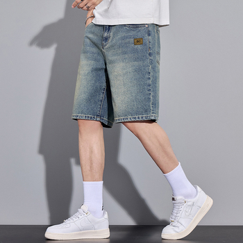 Șorturi de denim pentru bărbați, croială drept, talie medie, fermoar, vară