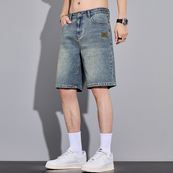 Șorturi de denim pentru bărbați, croială drept, talie medie, fermoar, vară