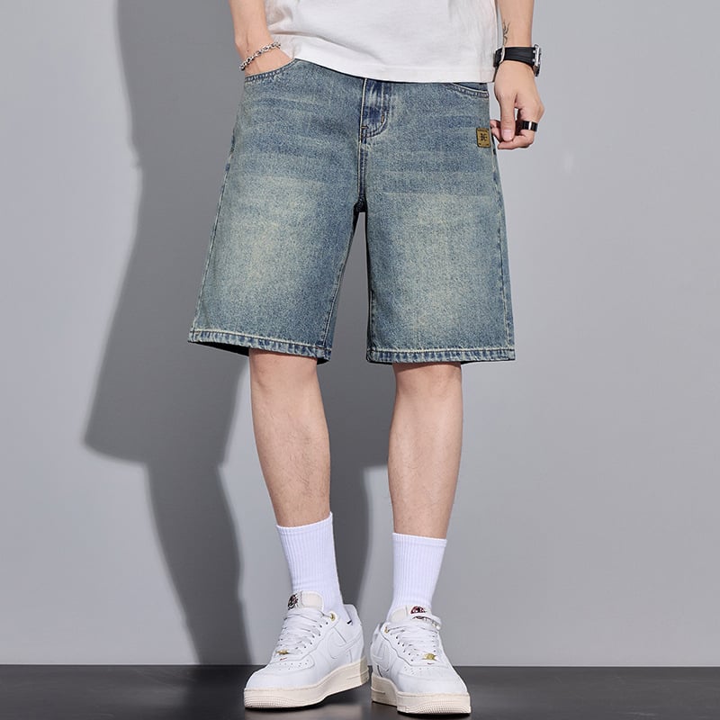 Șorturi de denim pentru bărbați, croială drept, talie medie, fermoar, vară