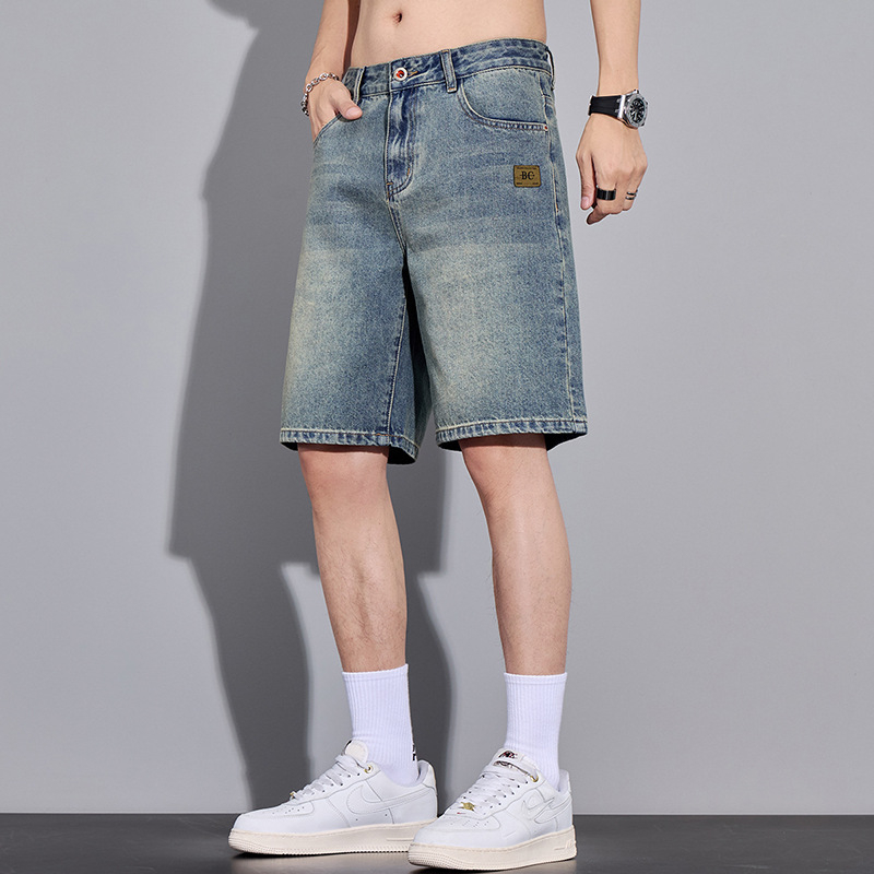 Șorturi de denim pentru bărbați, croială drept, talie medie, fermoar, vară