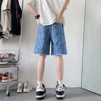 Pánske džínsové kraťasy, voľný rovný strih, päťbodová dĺžka, washed denim, leto streetwear