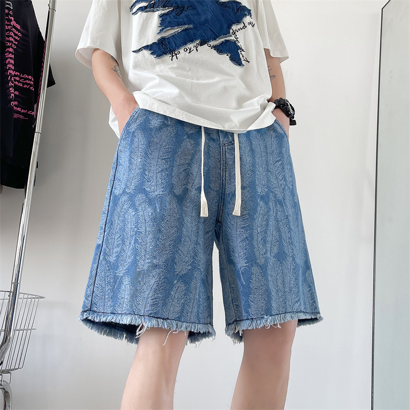 Pánske džínsové kraťasy, voľný rovný strih, päťbodová dĺžka, washed denim, leto streetwear