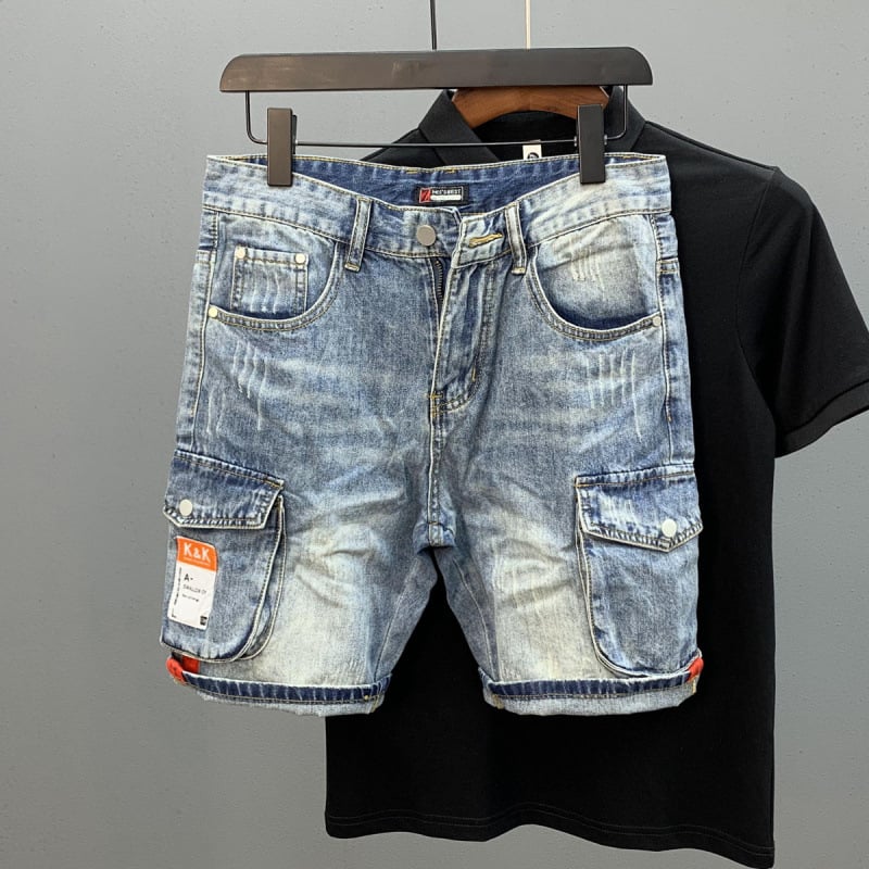 Džínsové šortky s viacerými vreckami, voľný strih, stredný pás, zips, bavlna