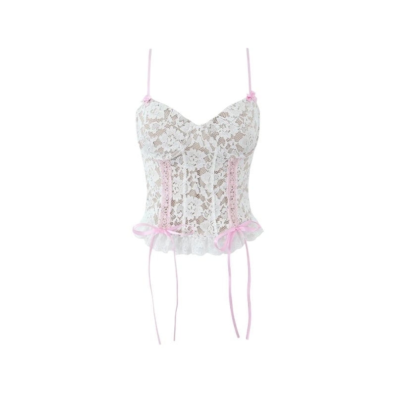 Čipkový top s mašľou a ramienkami, Color Block vzor, krátka dĺžka, úzky strih