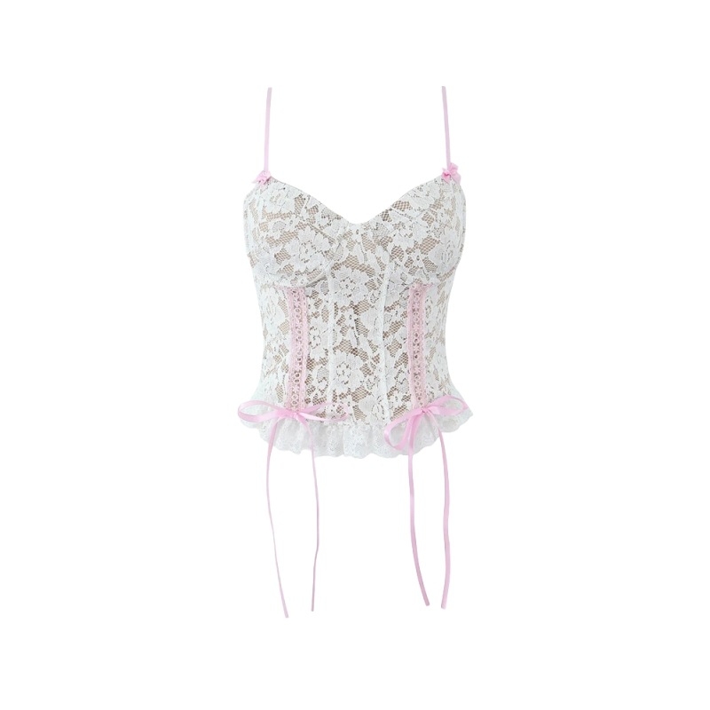 Čipkový top s mašľou a ramienkami, Color Block vzor, krátka dĺžka, úzky strih