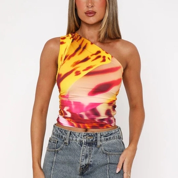 Damski crop top bez rukava sa šikim ramenom, plisirani dizajn, apstraktan uzorak, materijal poliester-elastan