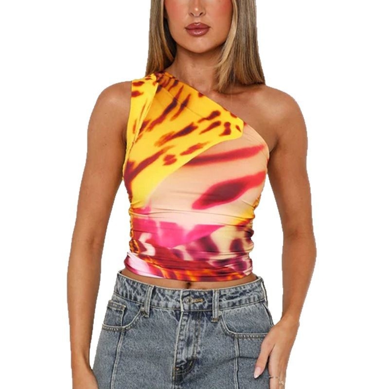 Damski crop top bez rukava sa šikim ramenom, plisirani dizajn, apstraktan uzorak, materijal poliester-elastan