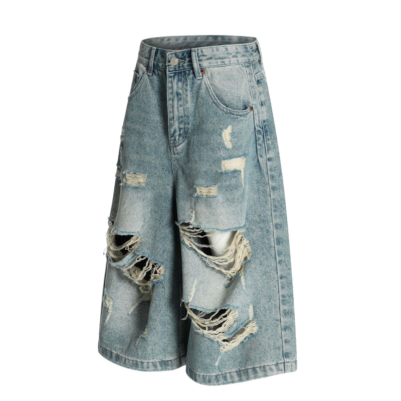 Džínsové šortky, krátke, voľný strih, stredný pás, dizajn s viacerými dierami