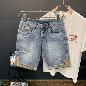 Pánske džínové šortky, washed vintage vzhľad, rozstrapkané, bavlna, rovný strih, elastický pás, leto