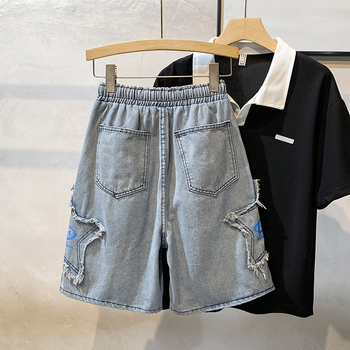 Șorturi denim pentru bărbați, croială dreaptă lejeră, denim spălat, lungime de 5 puncte, poliester 60–70%