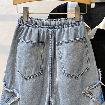 Șorturi denim pentru bărbați, croială dreaptă lejeră, denim spălat, lungime de 5 puncte, poliester 60–70%