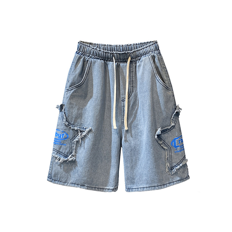 Șorturi denim pentru bărbați, croială dreaptă lejeră, denim spălat, lungime de 5 puncte, poliester 60–70%