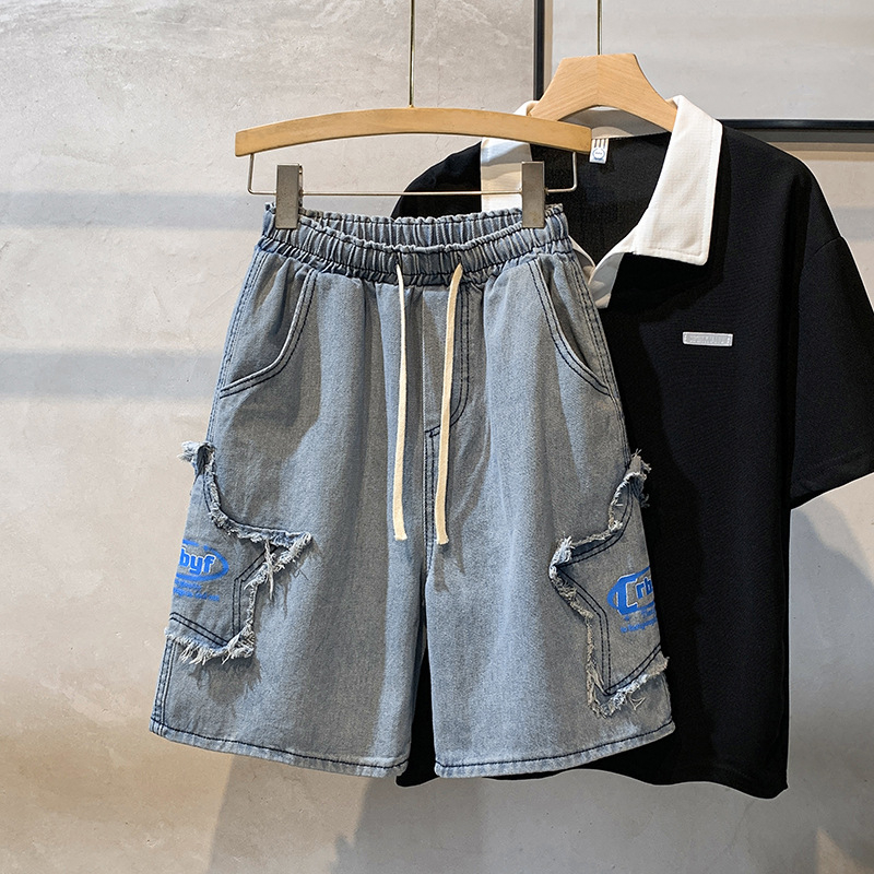 Șorturi denim pentru bărbați, croială dreaptă lejeră, denim spălat, lungime de 5 puncte, poliester 60–70%