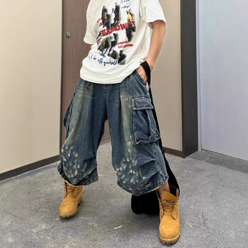 Džínové šortky pre mužov - stredný pas, plisovaný dizajn, zipsové zapínanie, rovný lem, umývaný denim