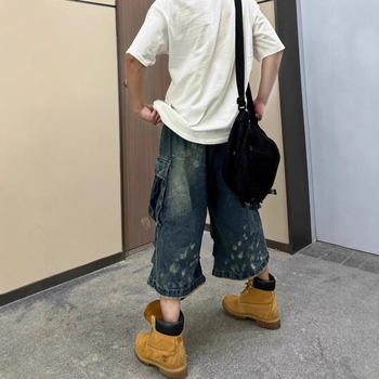 Džínové šortky pre mužov - stredný pas, plisovaný dizajn, zipsové zapínanie, rovný lem, umývaný denim