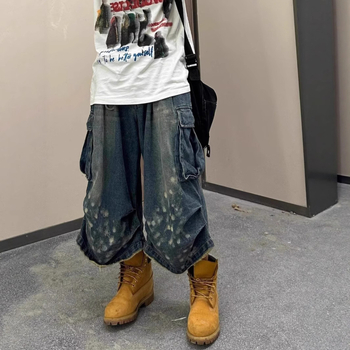 Džínové šortky pre mužov - stredný pas, plisovaný dizajn, zipsové zapínanie, rovný lem, umývaný denim